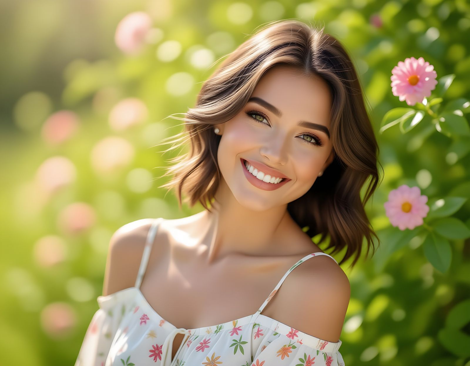 Radiant Woman with Angelic Smile in Summer Park