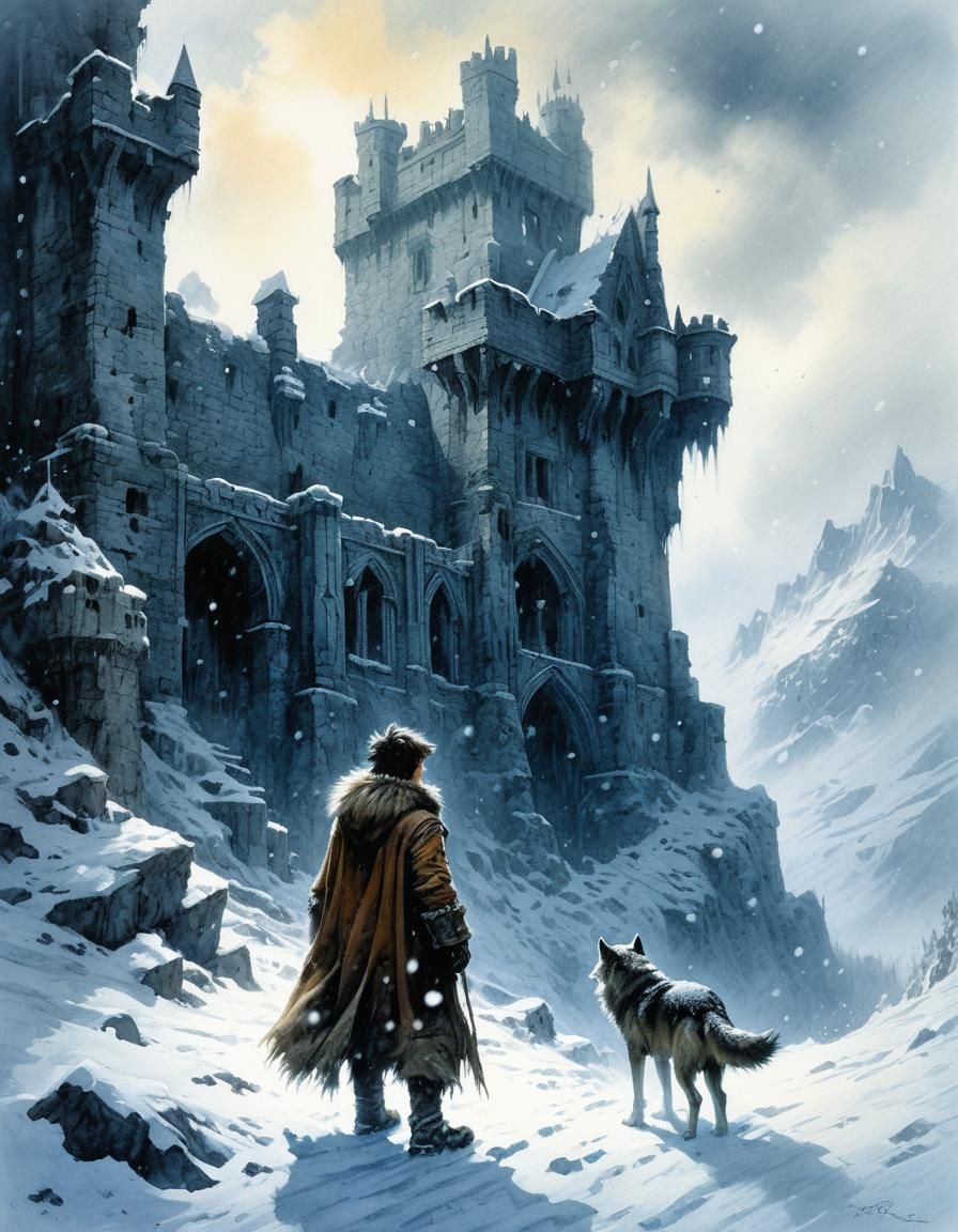 Winter Child and Wolf Portrait in Watercolor Style