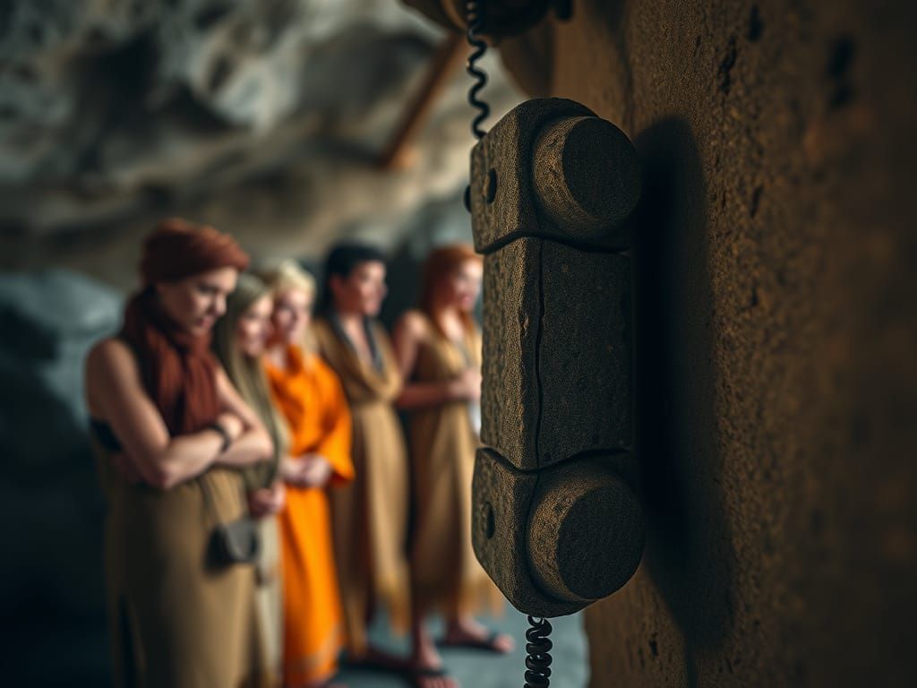 Stone Age Pay Phone in a Cave, Vivid Photo