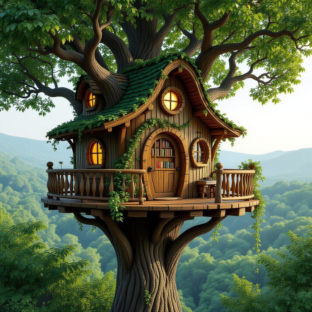 Enchanting Forest Treehouse Library, Hyperrealistic Style