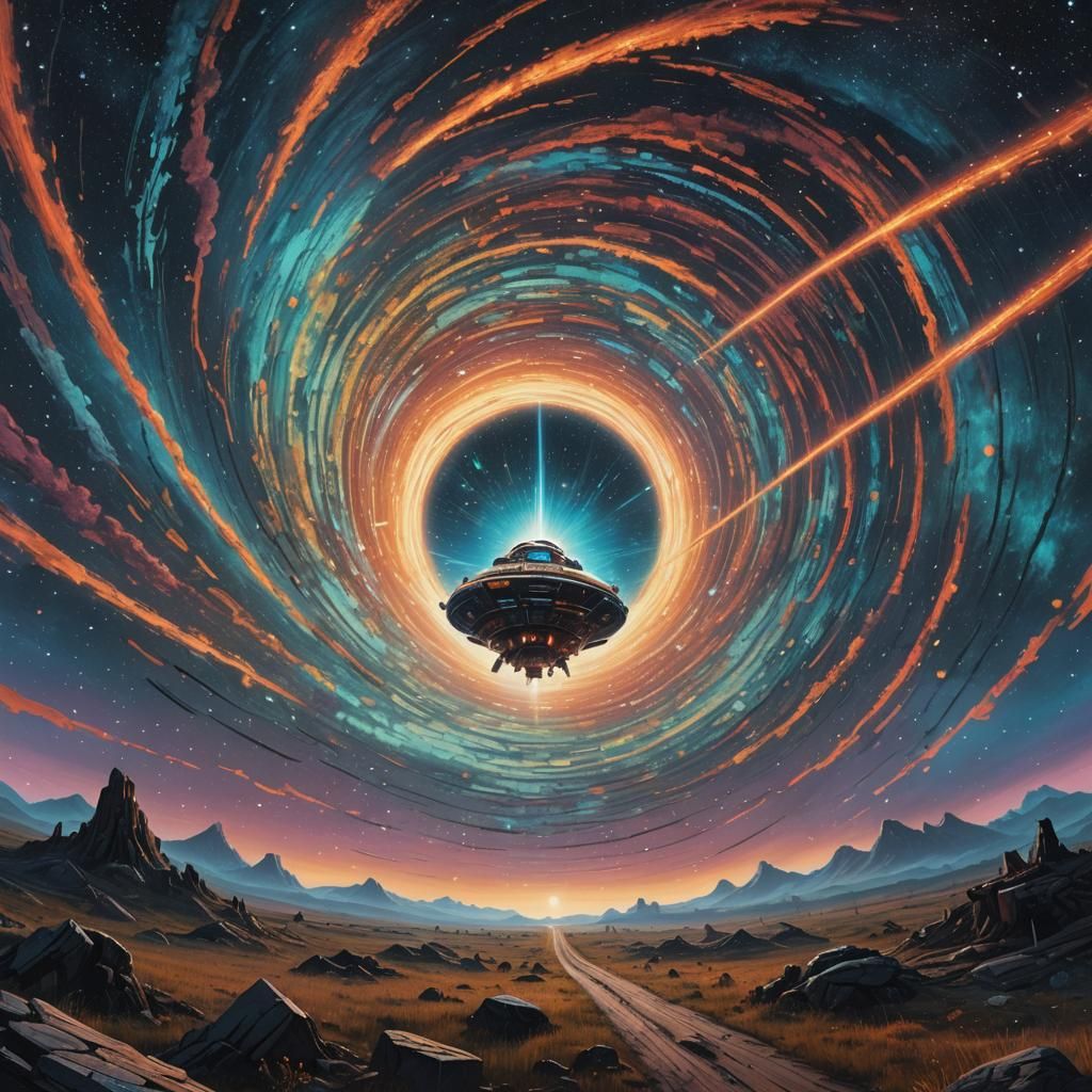 Spaceship in Hyperspace Vortex: Surreal Digital Art