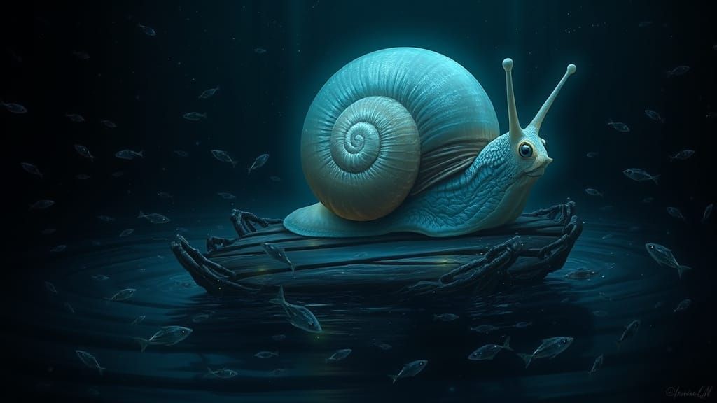 Bioluminescent Snail on Ocean Raft, Surreal Dark Fantasy