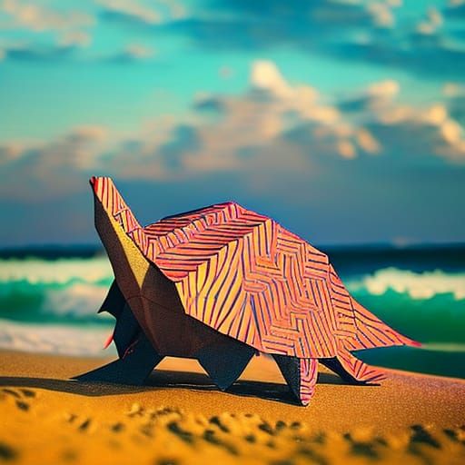 Beautiful cinematic hyperdetailed origami giant turtle on th...
