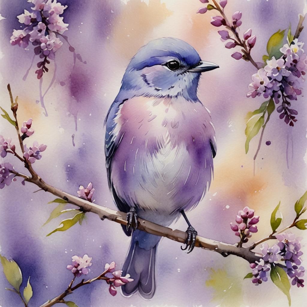 Lilac Bird Portrait in Watercolor Style