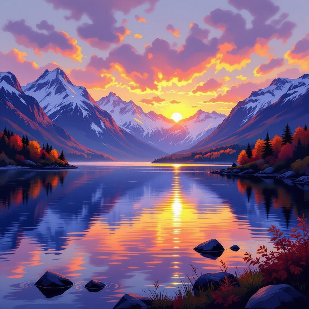 Mountain Lake Sunset in Neo-Impressionist 3D Render