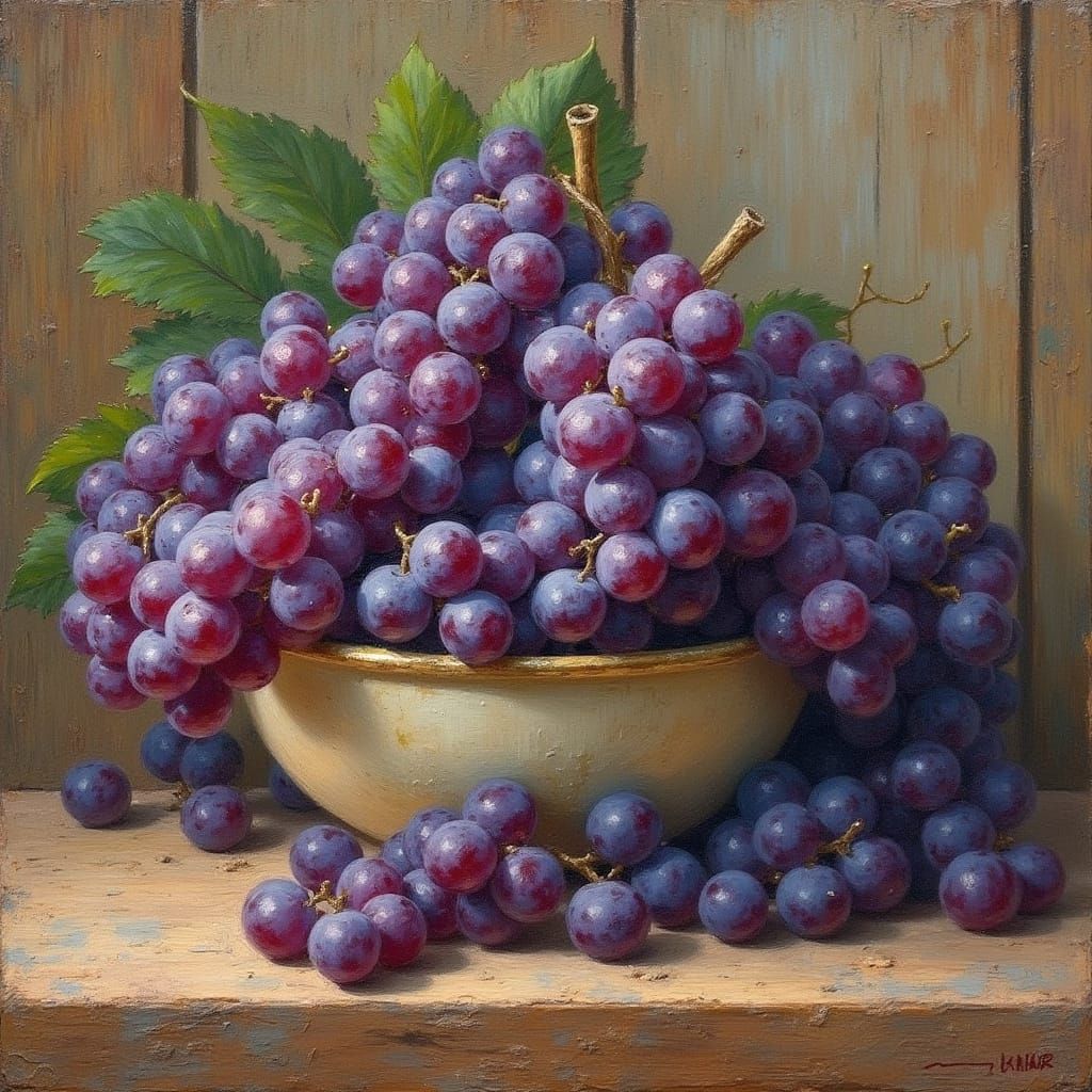 Impressionistic Grapes Overflowing from Wooden Bowl