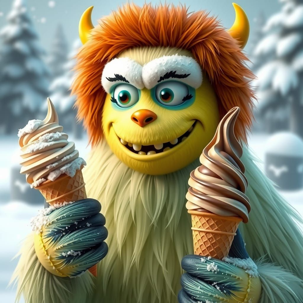 yeti is holding up a special yellow snowcone and a chocolate...