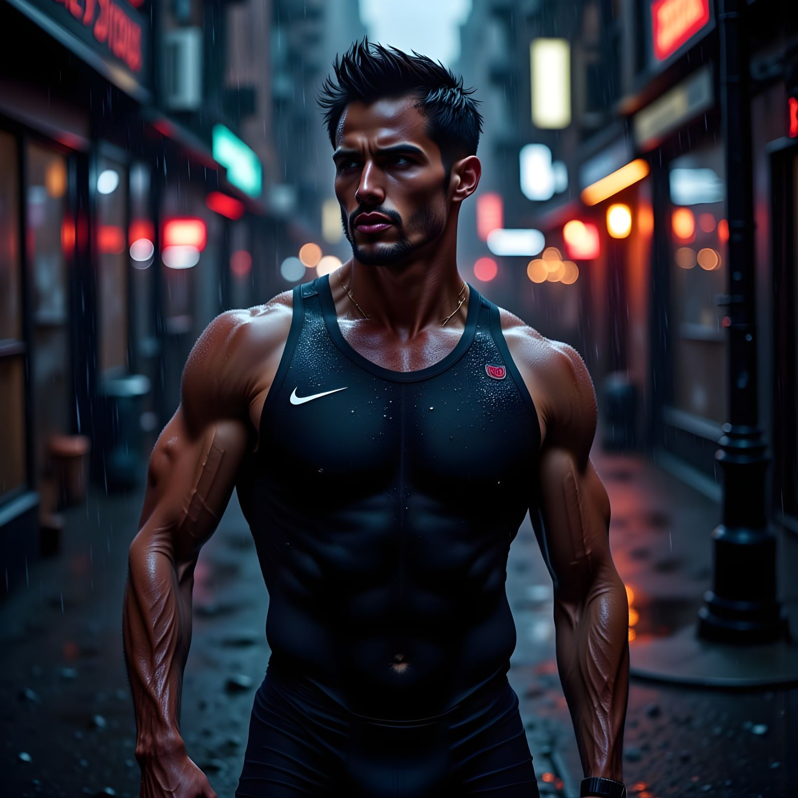 Male Athlete in Rain-Slicked Urban Alleyway at Dusk