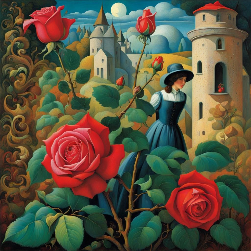 Surreal Rose Blending Folk Art and Cubism