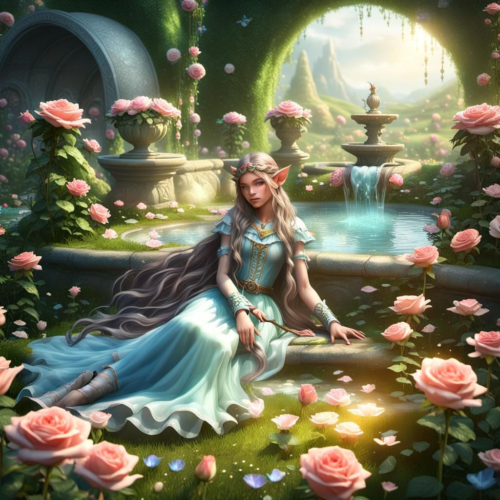 Sleeping Fairy Elf in Rose Garden: 3D Game Art