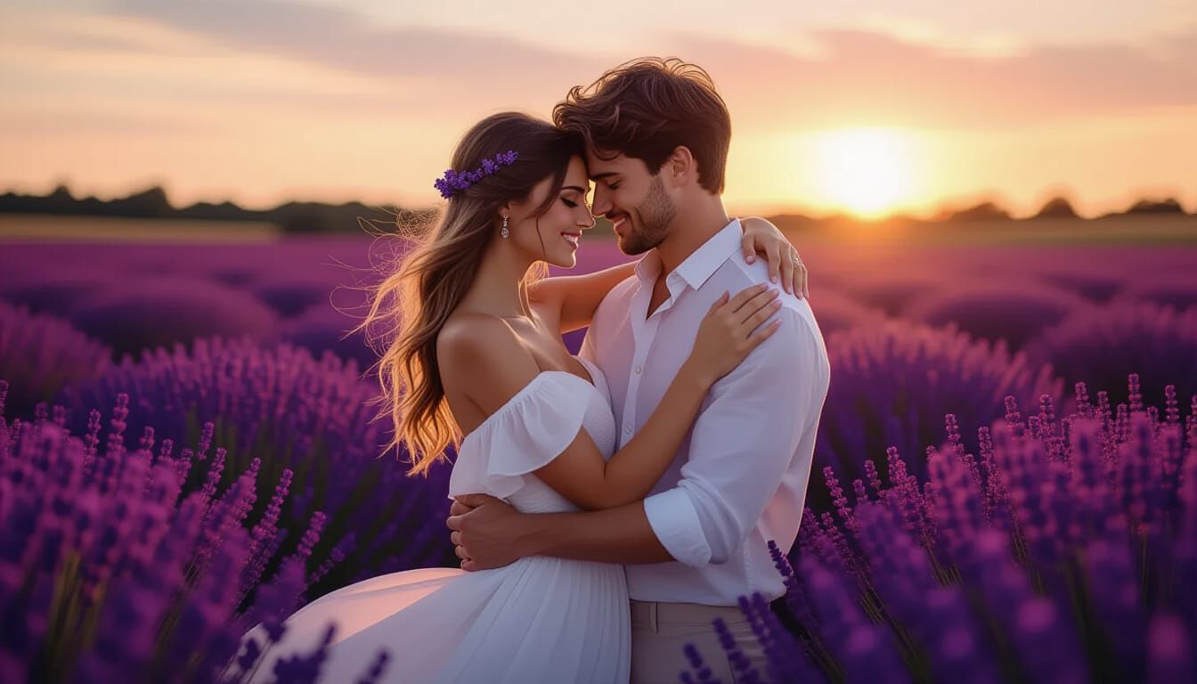 Couple Embracing in Lavender Field at Twilight