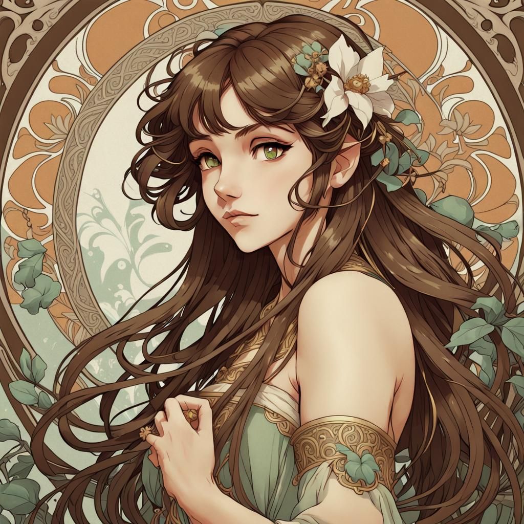 Art Nouveau Elf with Long Brown Hair