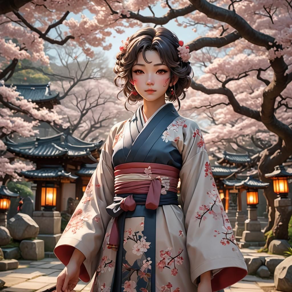 Anime Girl in Japanese Garden with Cherry Blossoms