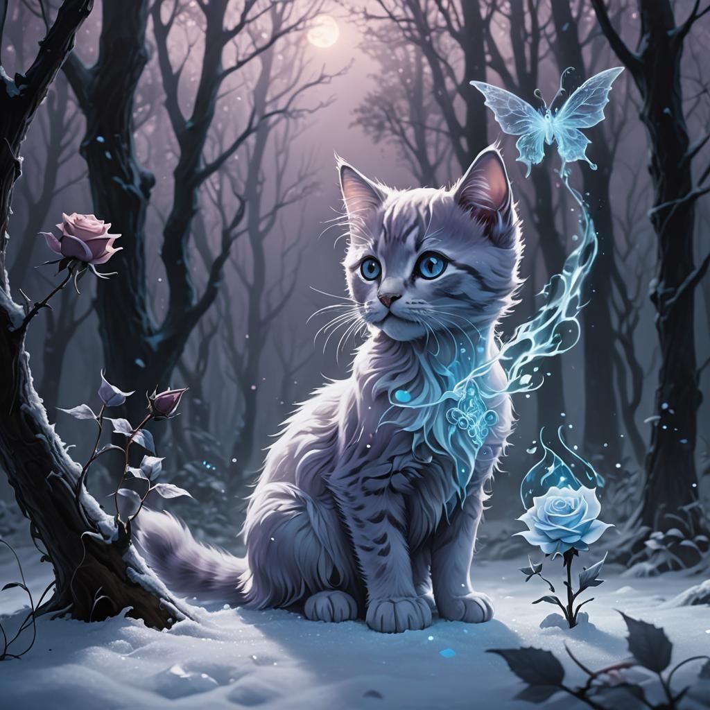 Cat Magic in a Winter Forest.