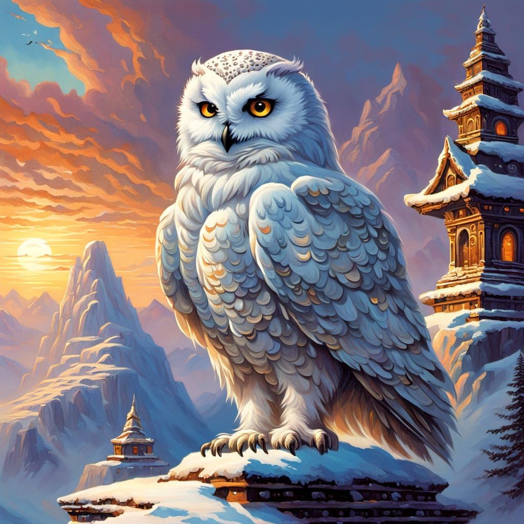 Snow Owl on Ancient Temple in Art Deco Style