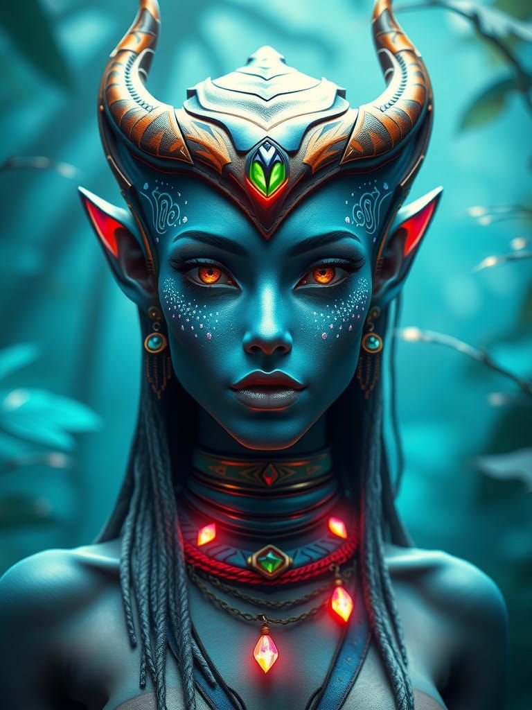 Navi Goddess in Shimmering Blue Skin and Vibrant Organic Att...