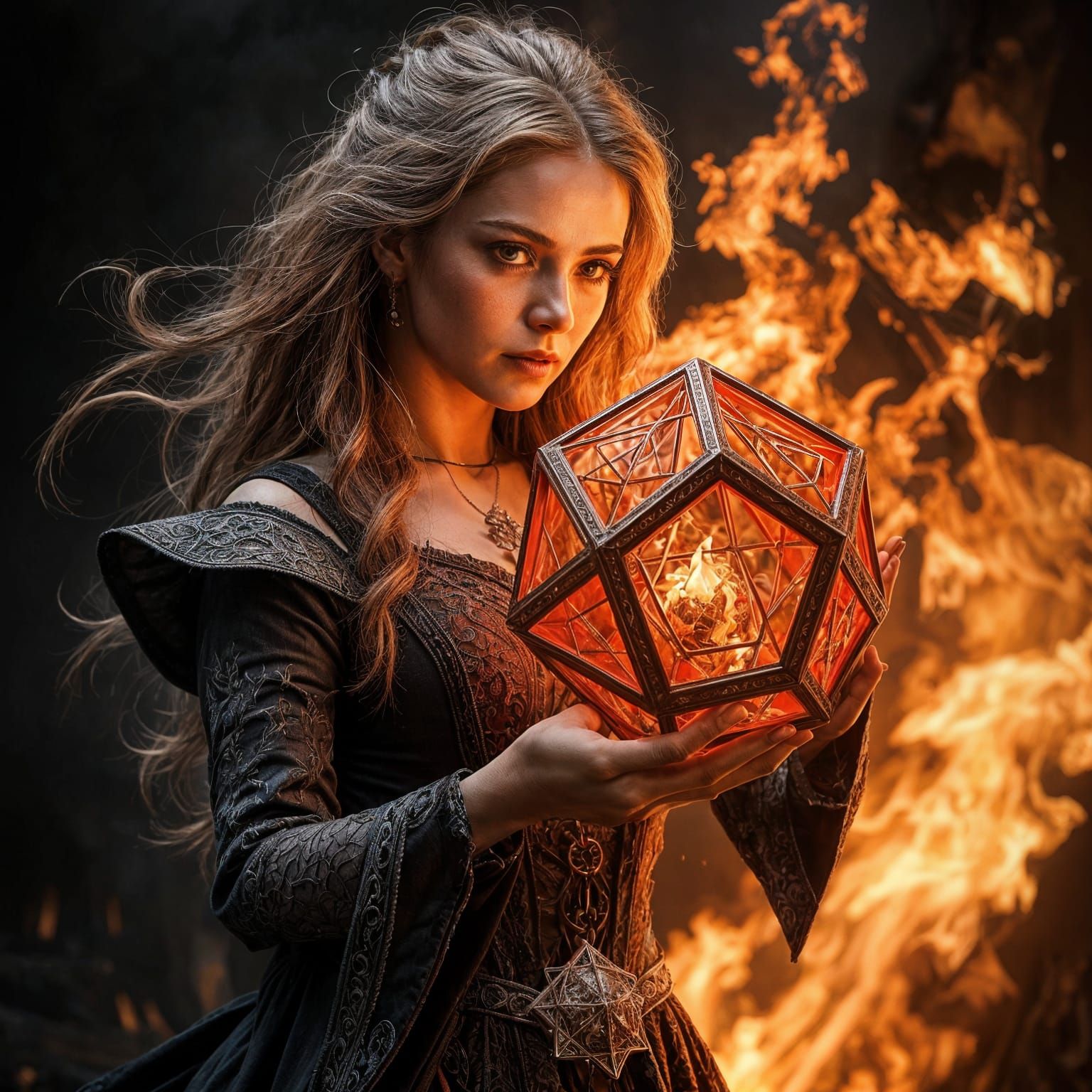 Sorceress Creates Glowing Octahedron Amidst Fire