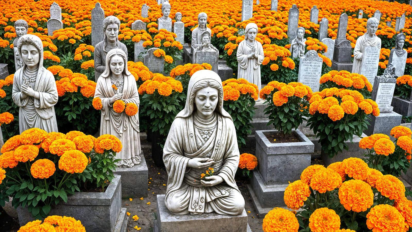 A Mexican cemetery full of statues and crypts overflowing wi...