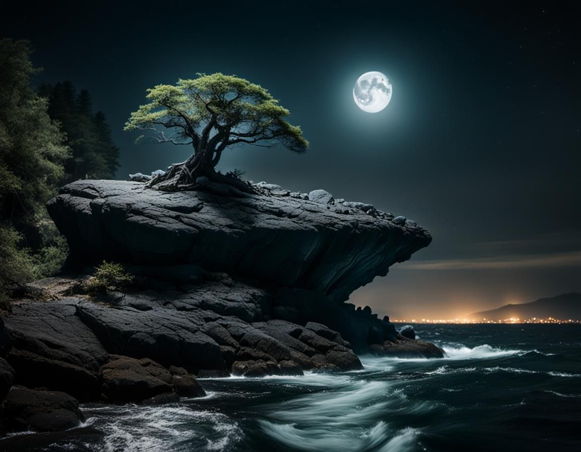 Sinister Alien Monolith on Rocky Island at Night