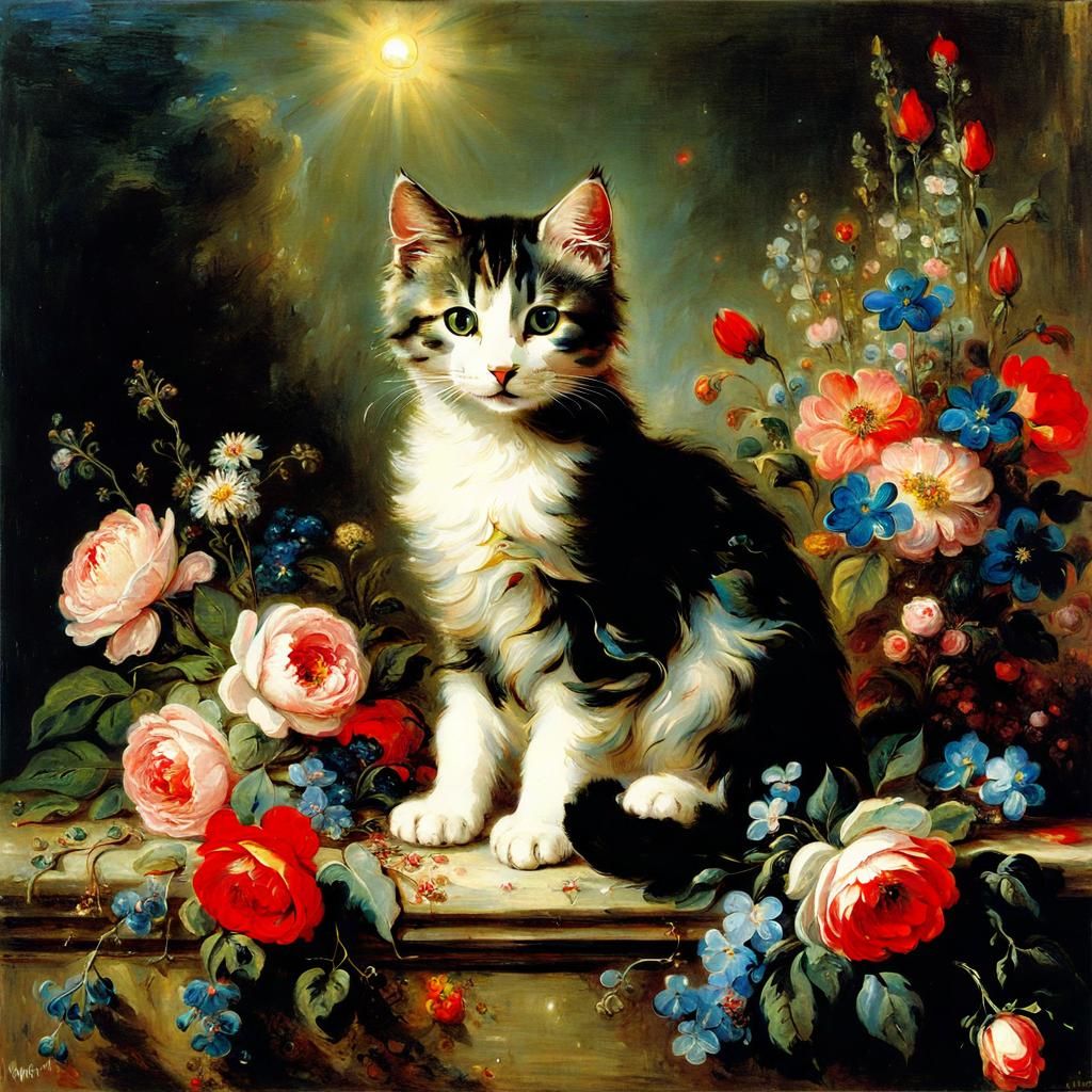 Cute Cat Surrounded by Flowers in Symbolic Style