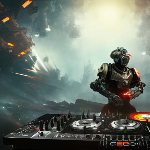 DJ in Mechanical War Suit, Detailed Matte Painting
