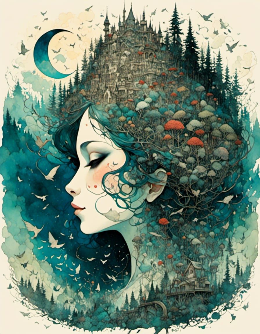 Creepy Forest Path to Skull Pile in Watercolor