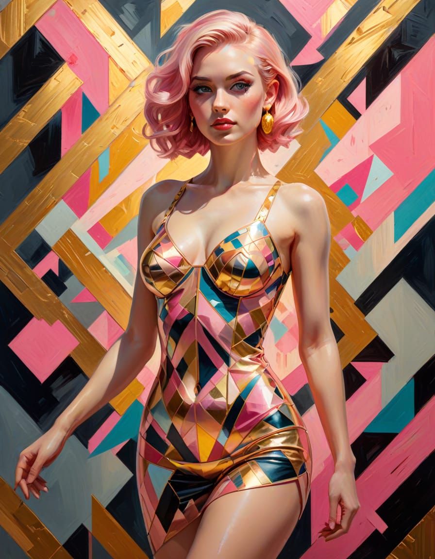 Cubist Pop Art Pin-Up in Vibrant Oil Painting