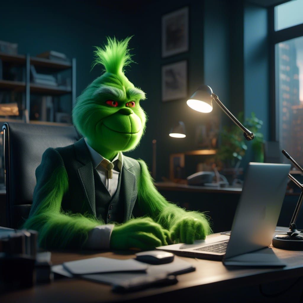 Grinch Boss in Office: 3D Cinematic Render