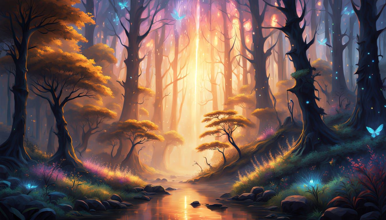 Mythical Creature in Forest: Oil Painting with Sunrays