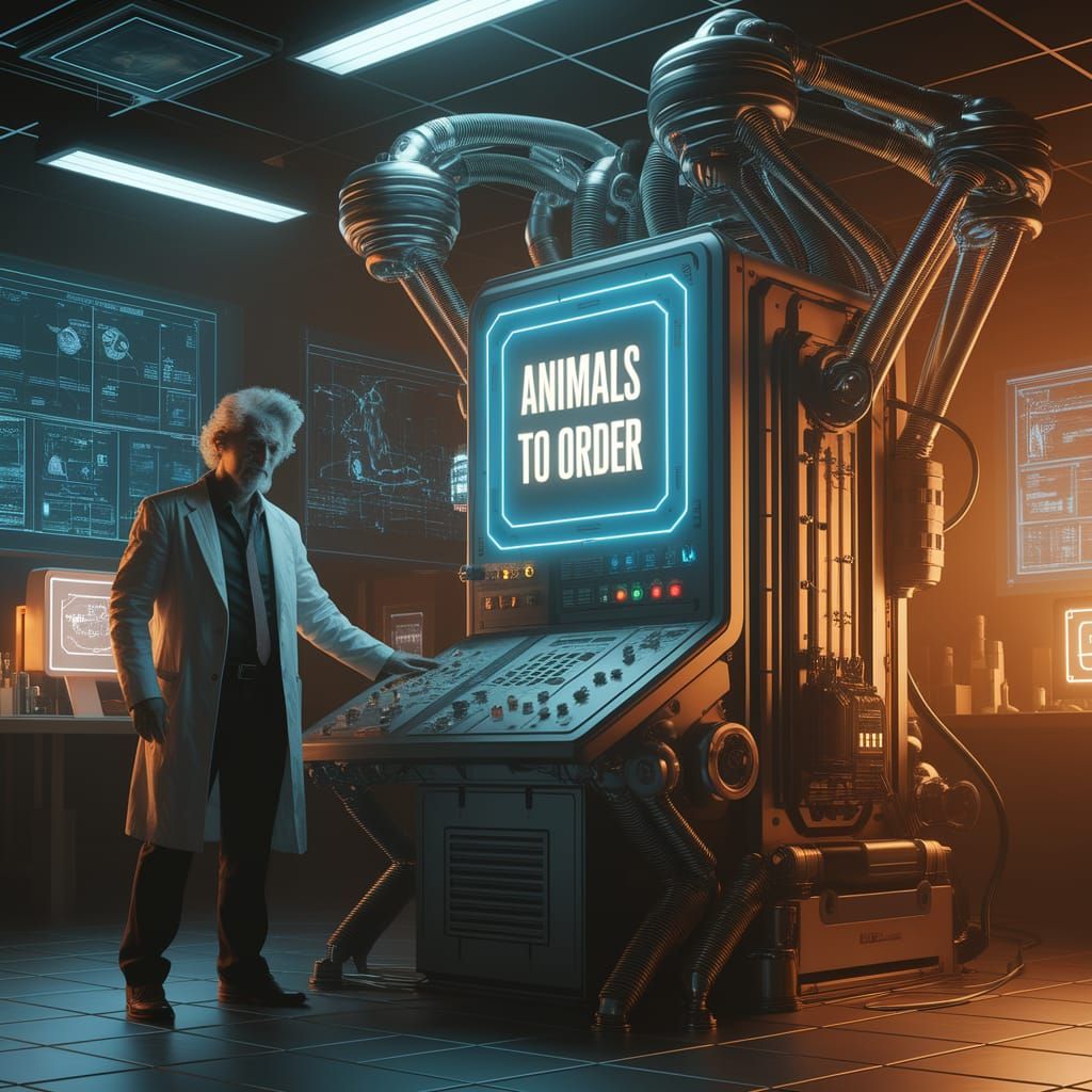 Mad Scientist Tinkers with Futuristic Creature Printer in Hi...