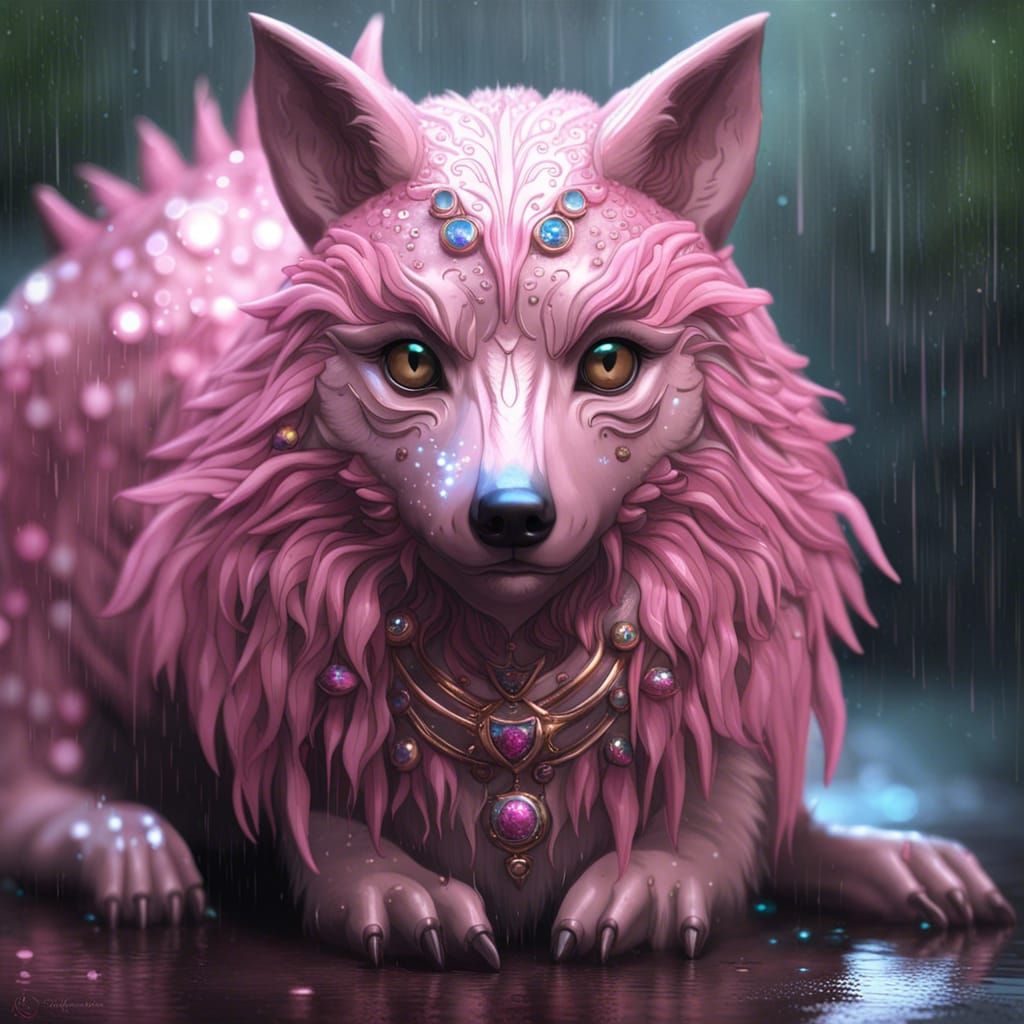 Intricate Wolf Portrait in Rain, Fantasy Art