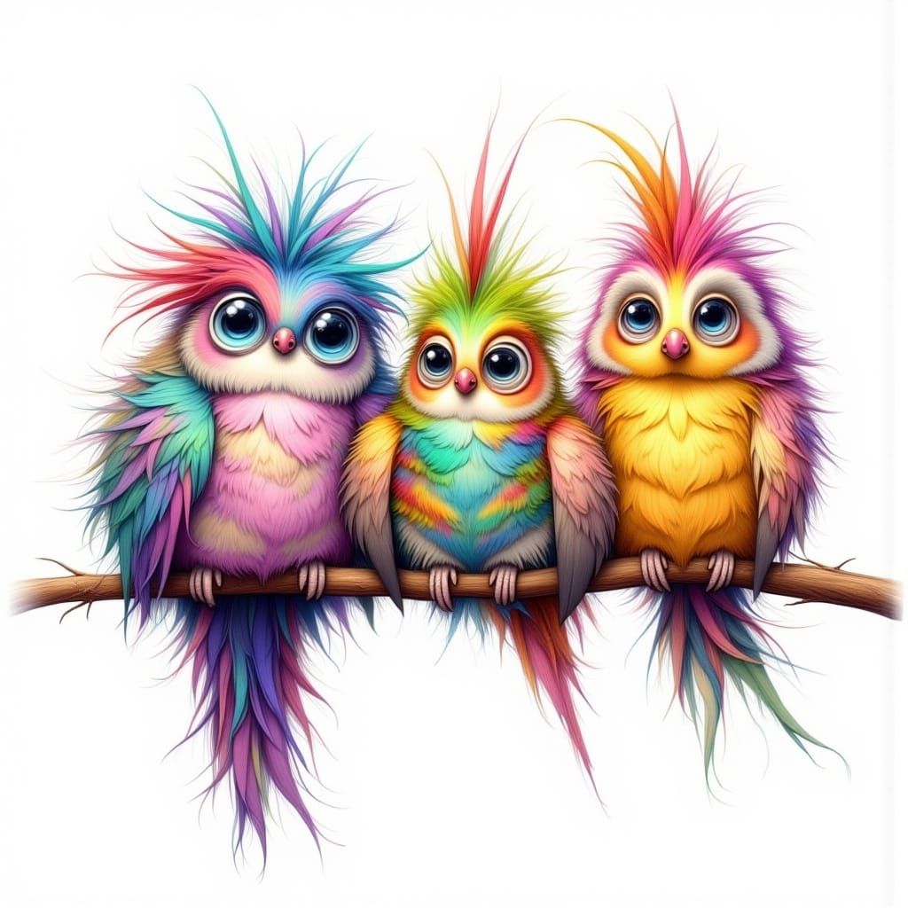fluffy cartoon birds with colorful wild feathers sitting on ...