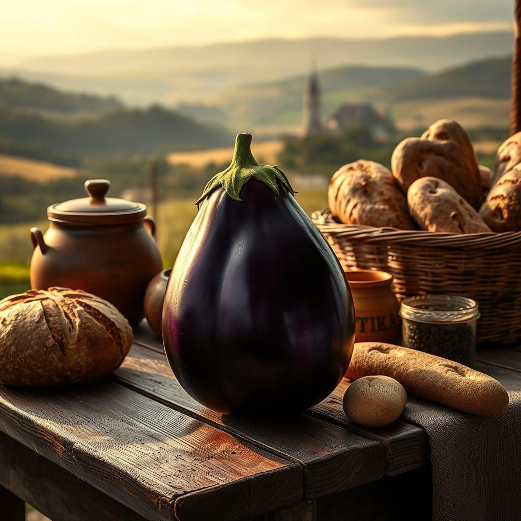 Surreal Panoramic Landscape of Fresh Eggplant and Rye Breads