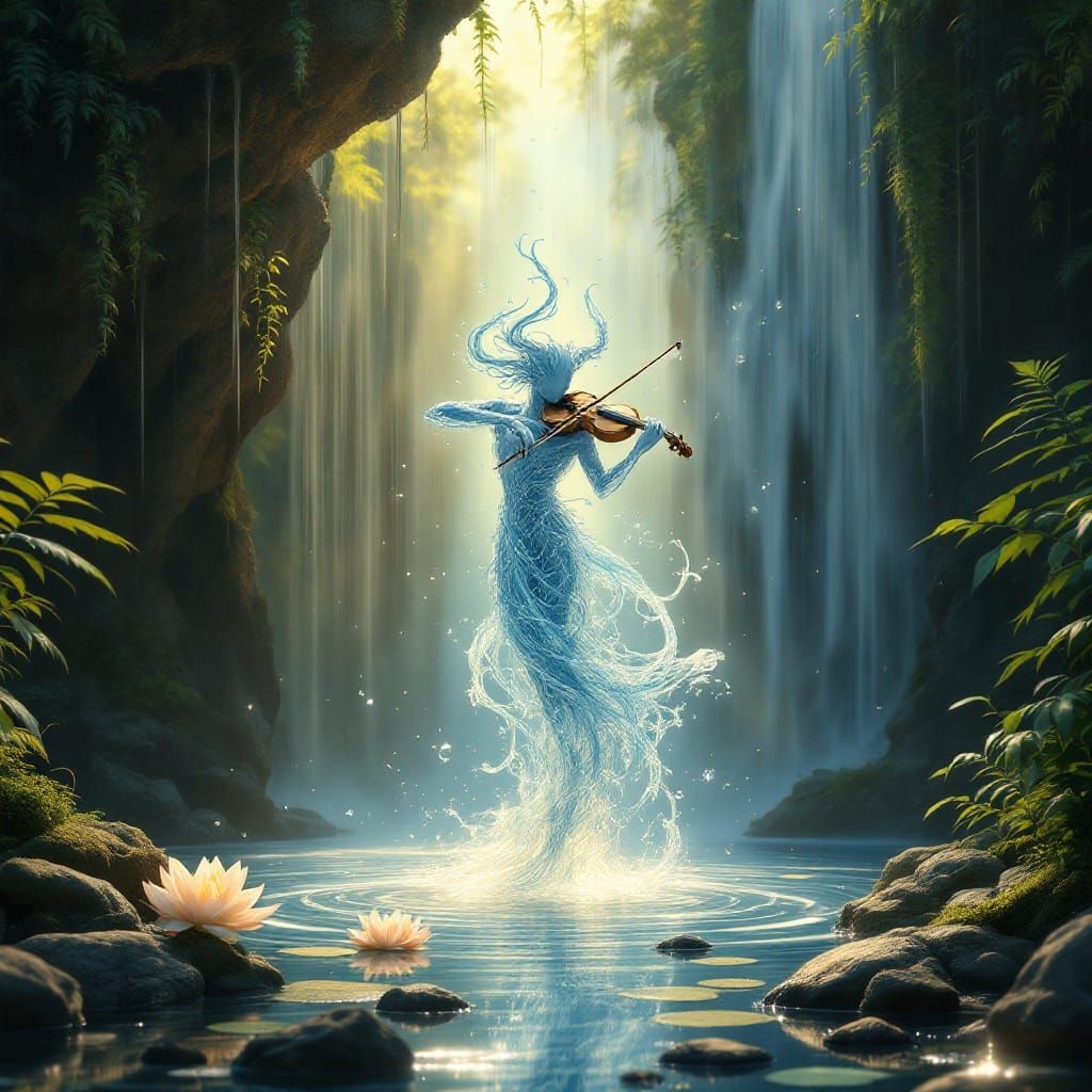 Ethereal Water Nix Plays Fiddle in Misty Waterfall