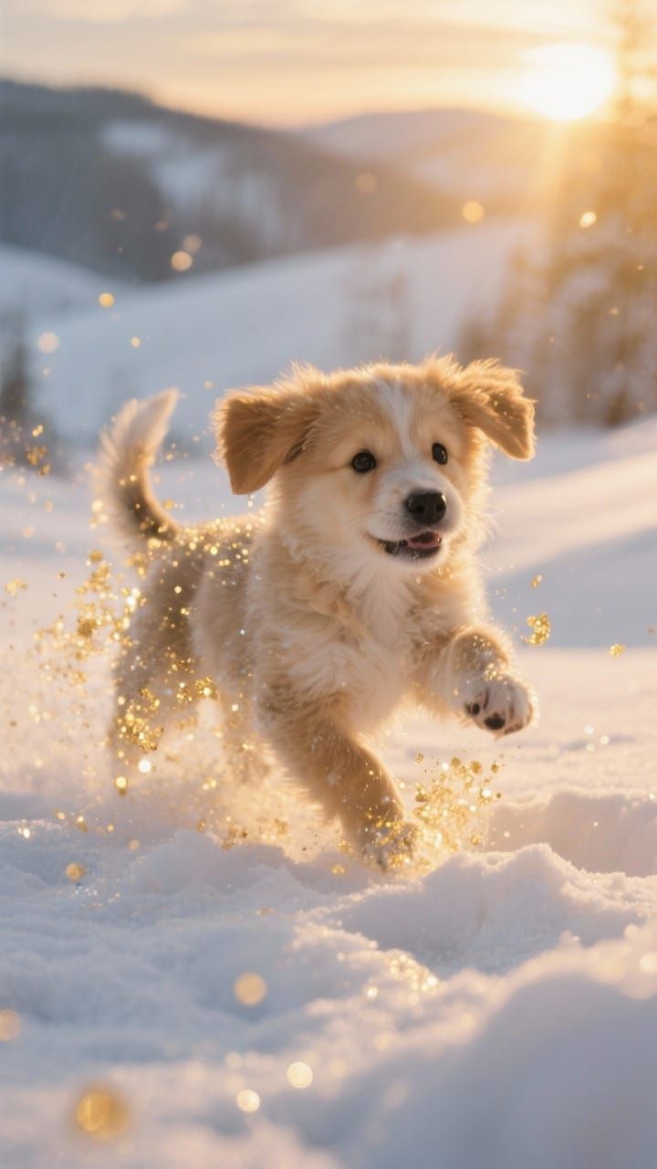 Cute Puppy Playing in Snow with Warm Golden Light