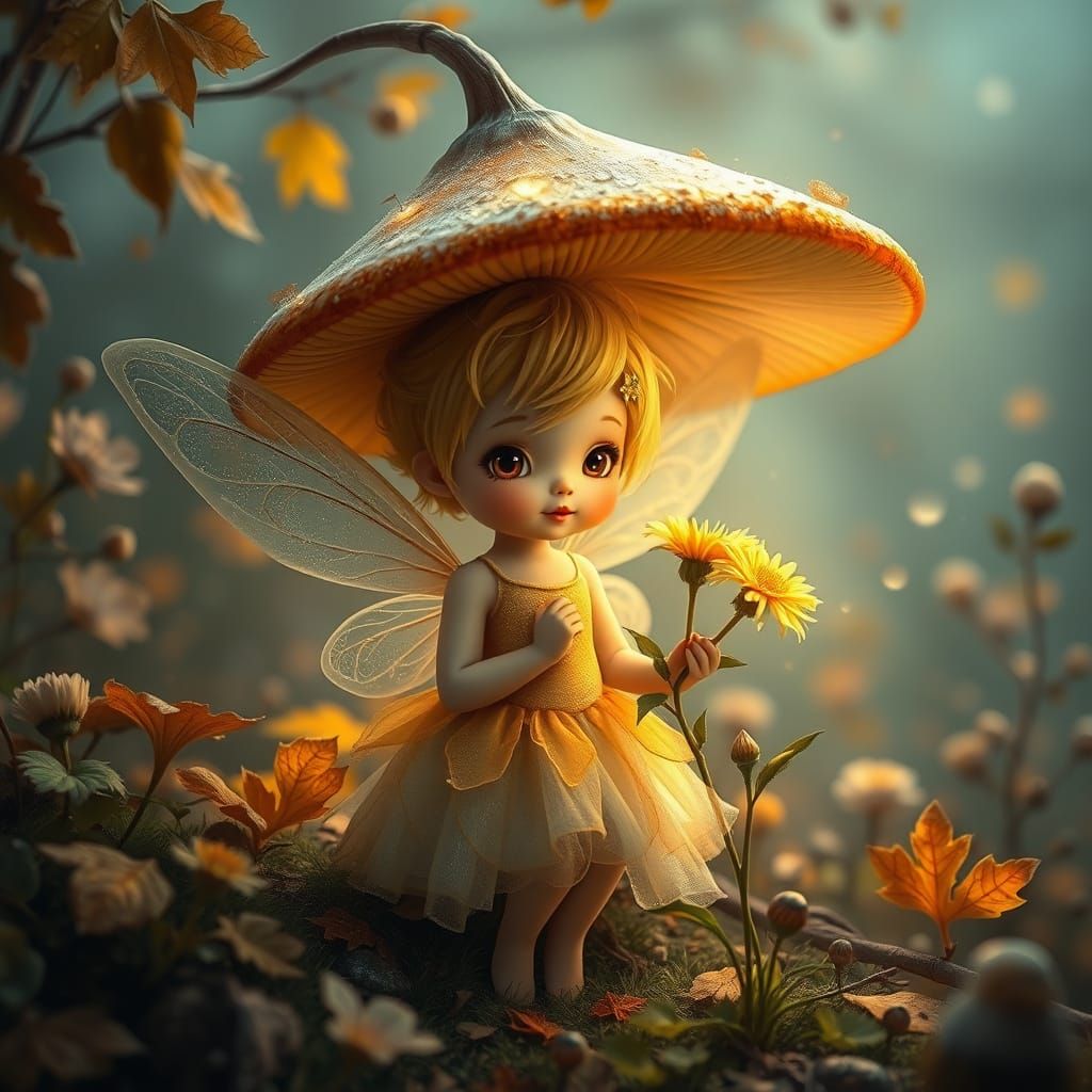photorealistic sweet beautiful whimsical fauvist the softness of everything that's peace, autumn's winds, cute fairy Tin...
