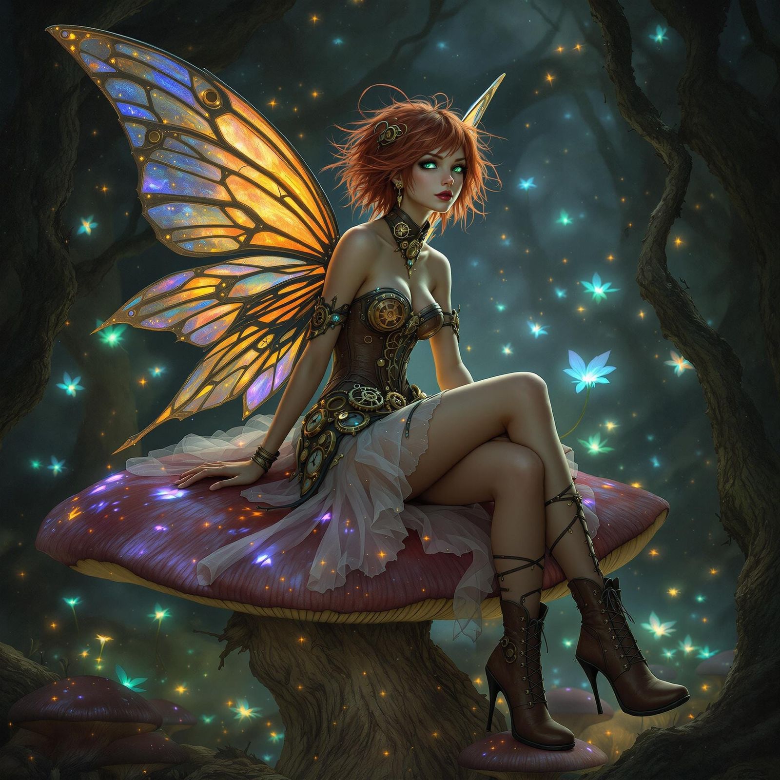 Steampunk Fairy on Mushroom with Iridescent Wings