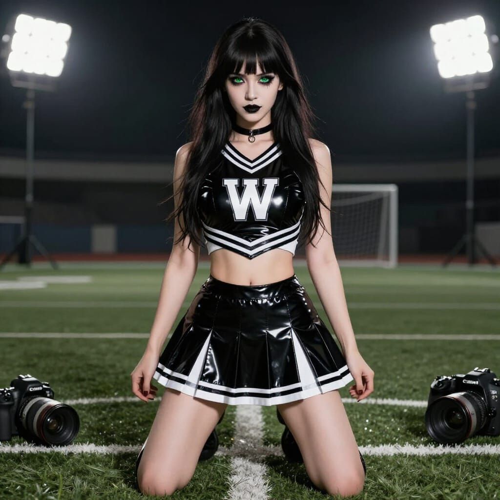 Goth Cheerleader Posing on Football Field