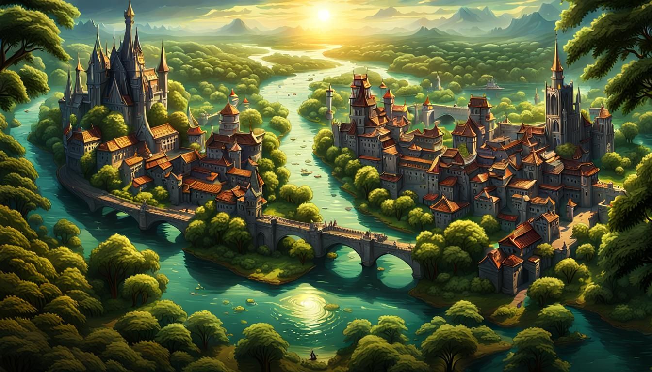 Magical City Surrounded by Rivers: Dark Fantasy Art