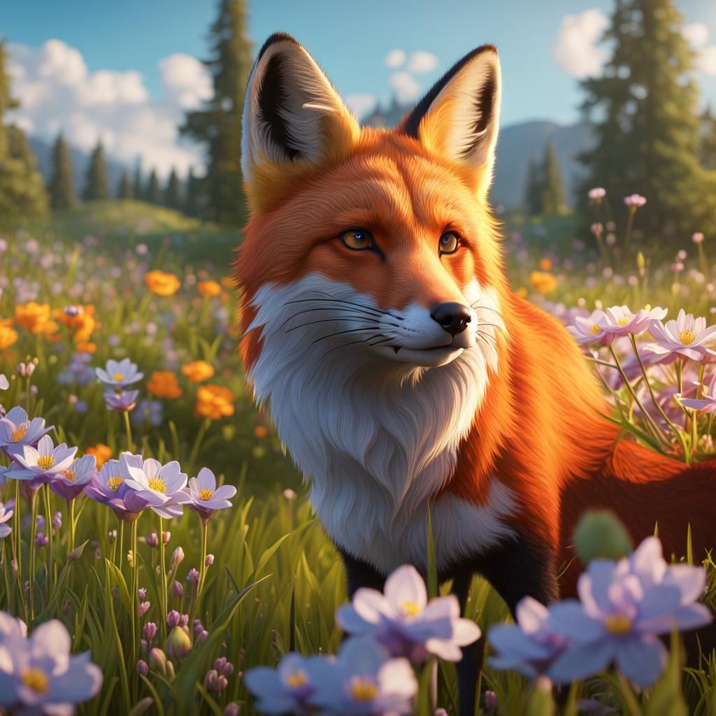 Fox in Spring Meadow: Hyperdetailed Concept Art