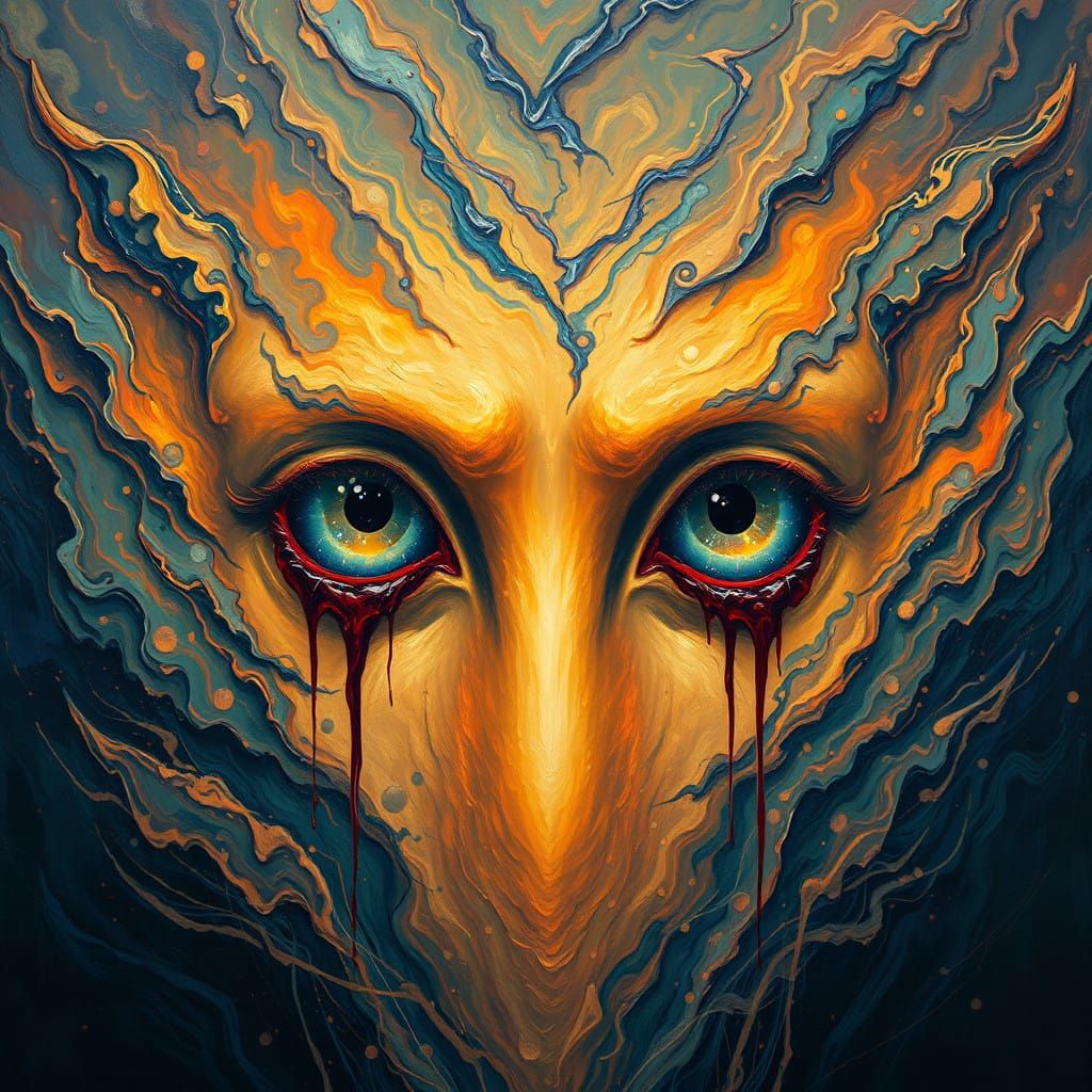 Surreal Entity Weeps Bloody Tears in Dreamlike Landscape