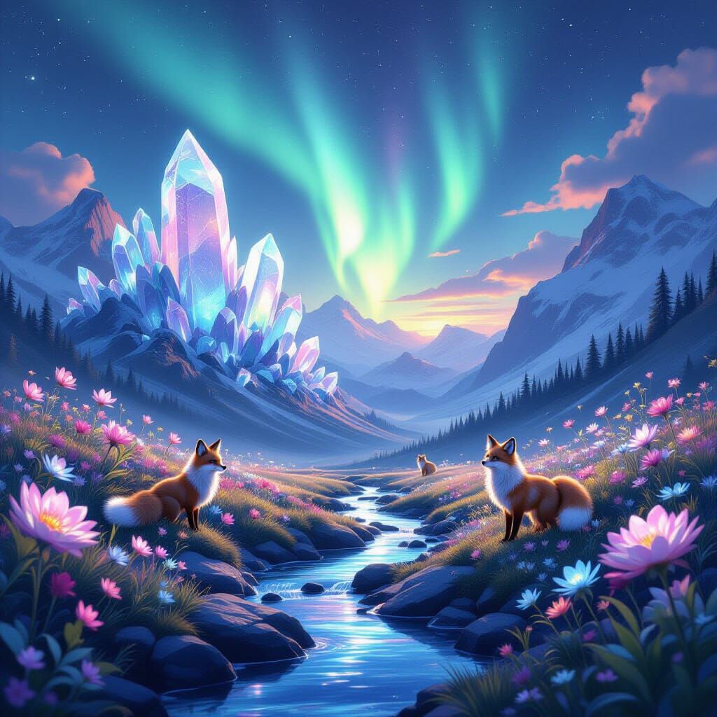 Ethereal Crystal Mountain Aurora in Detailed Concept Art Sty...