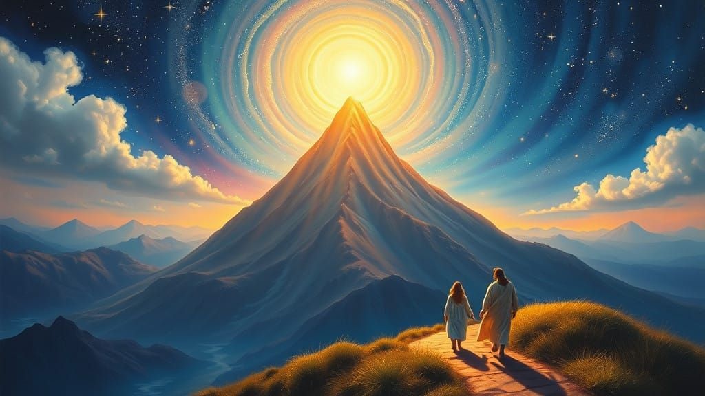 Majestic Mountain Soars Towards Celestial Light in Vibrant,...