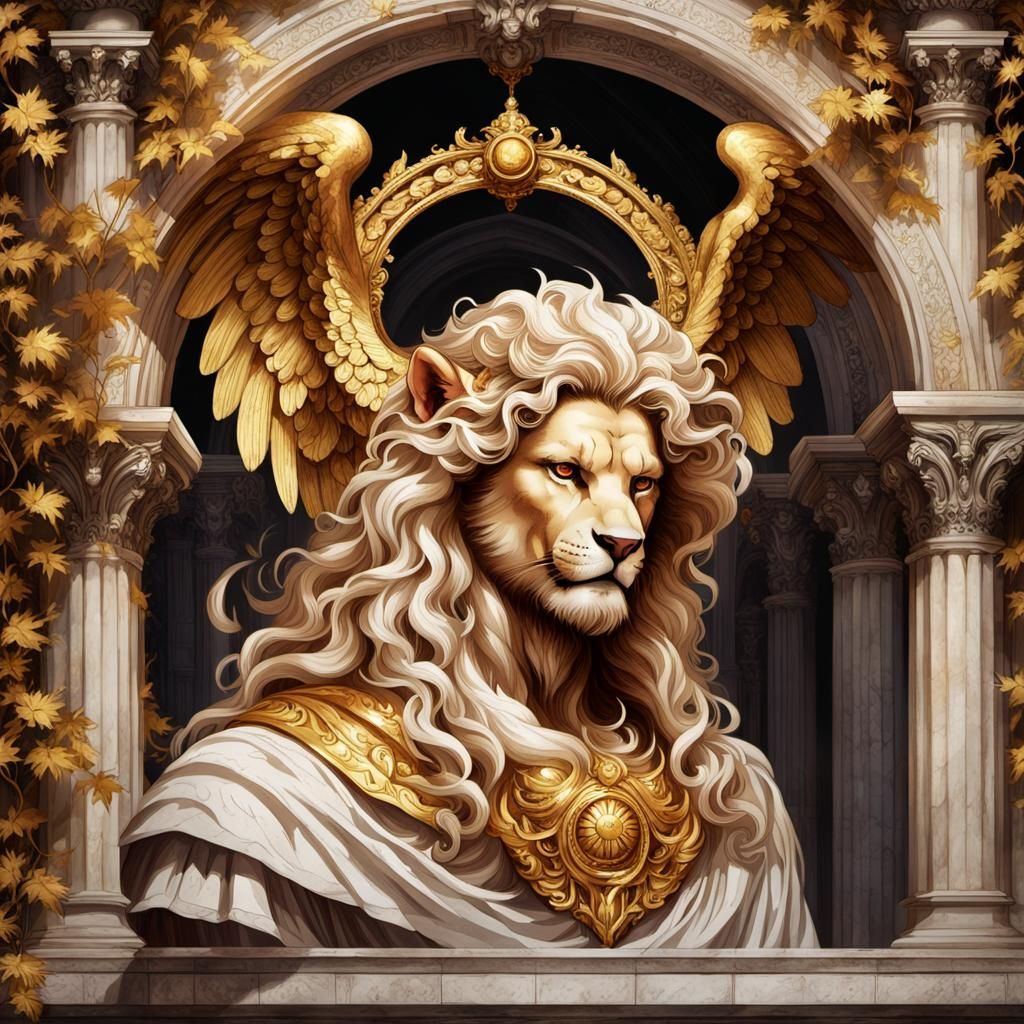 Gothic Lion with Angel Wings in Dark Comic Style