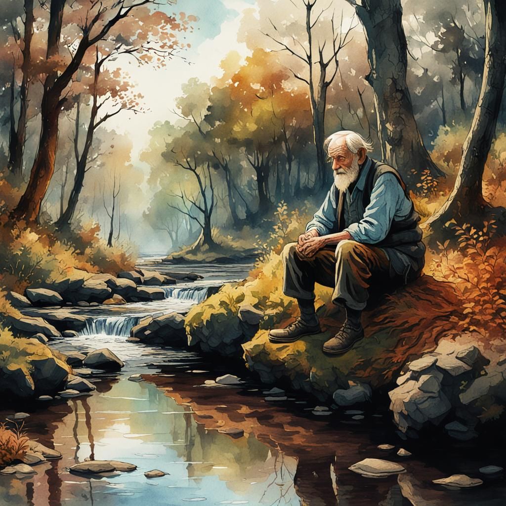 Fantasy Art of Old Man by Creek