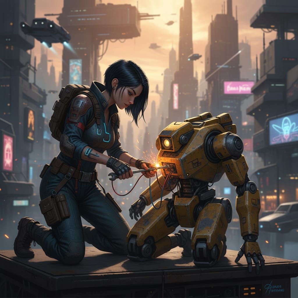 Dystopian Sci-Fi Girl Repairs Yellow Robot in Anime Style