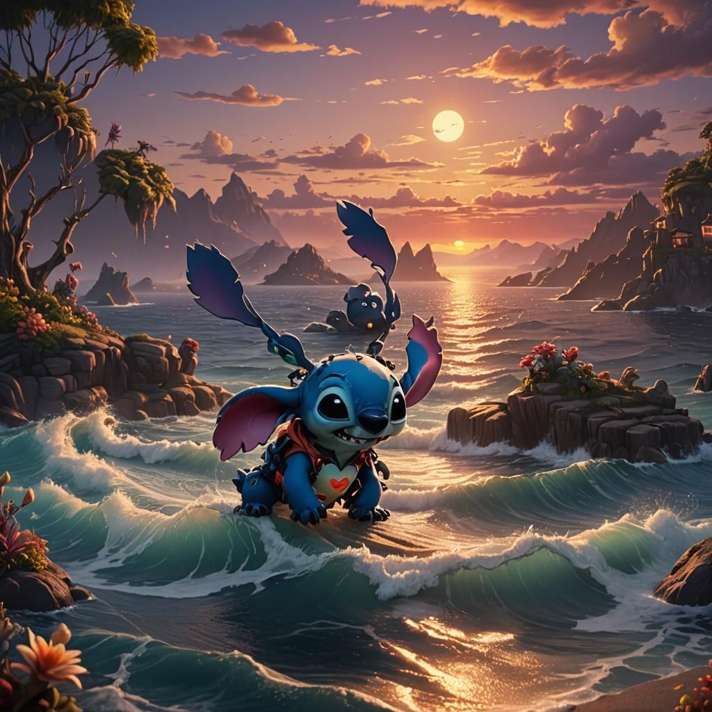 Stitch at Sunset with Heart: Fantasy Concept Art