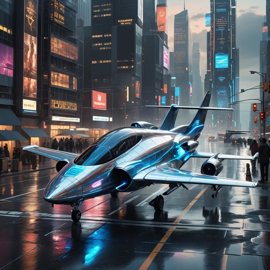 Futuristic Plane Taxis in Neon New York Airport
