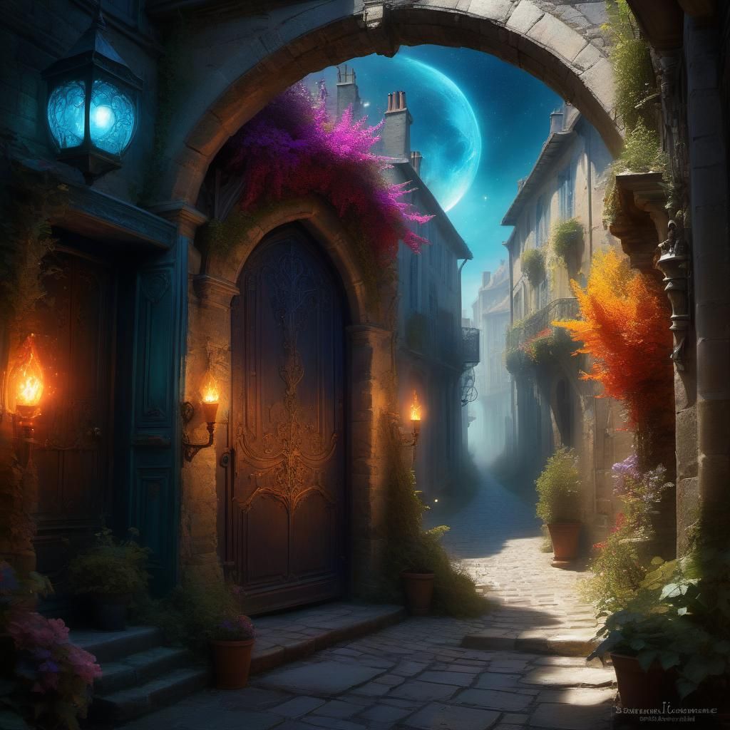 Un portail au milieu d'une rue, dans une ville moderne, mont...