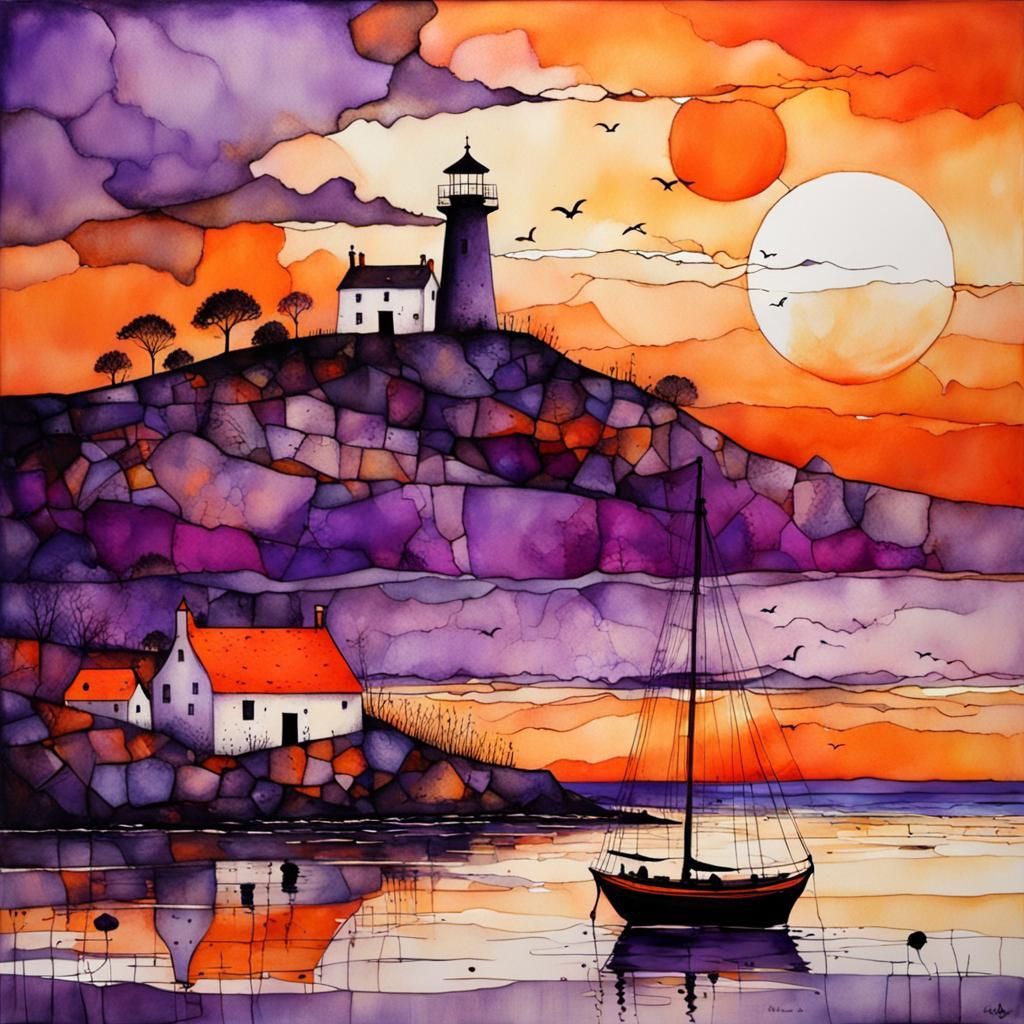 Whimsical Sunset Over Sea in Cubist Style